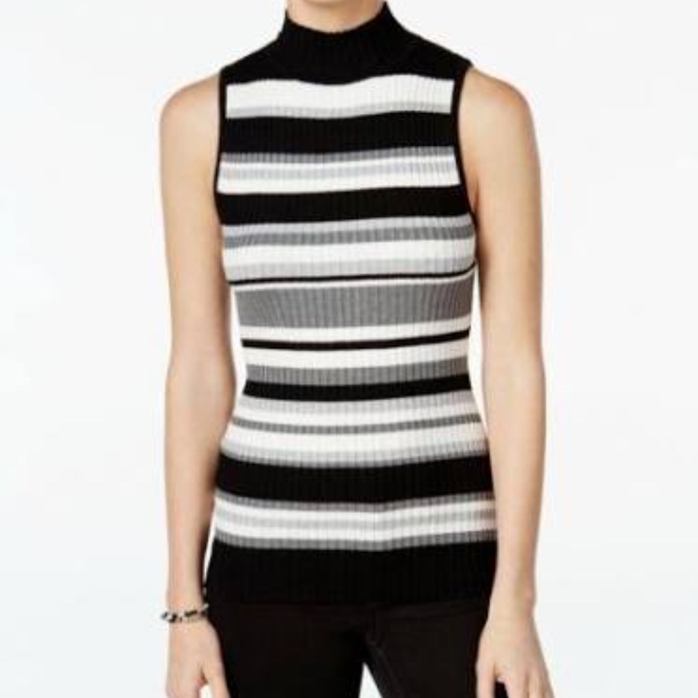 Black and White Sleeveless Turtleneck Sweater Top